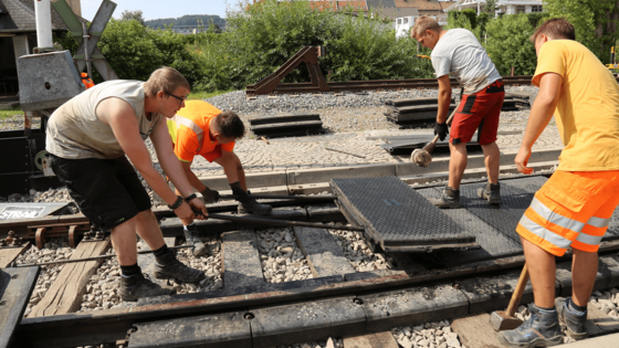 Auszubildende Gleisbauer an der Verlegung eines Bahnüberganges
